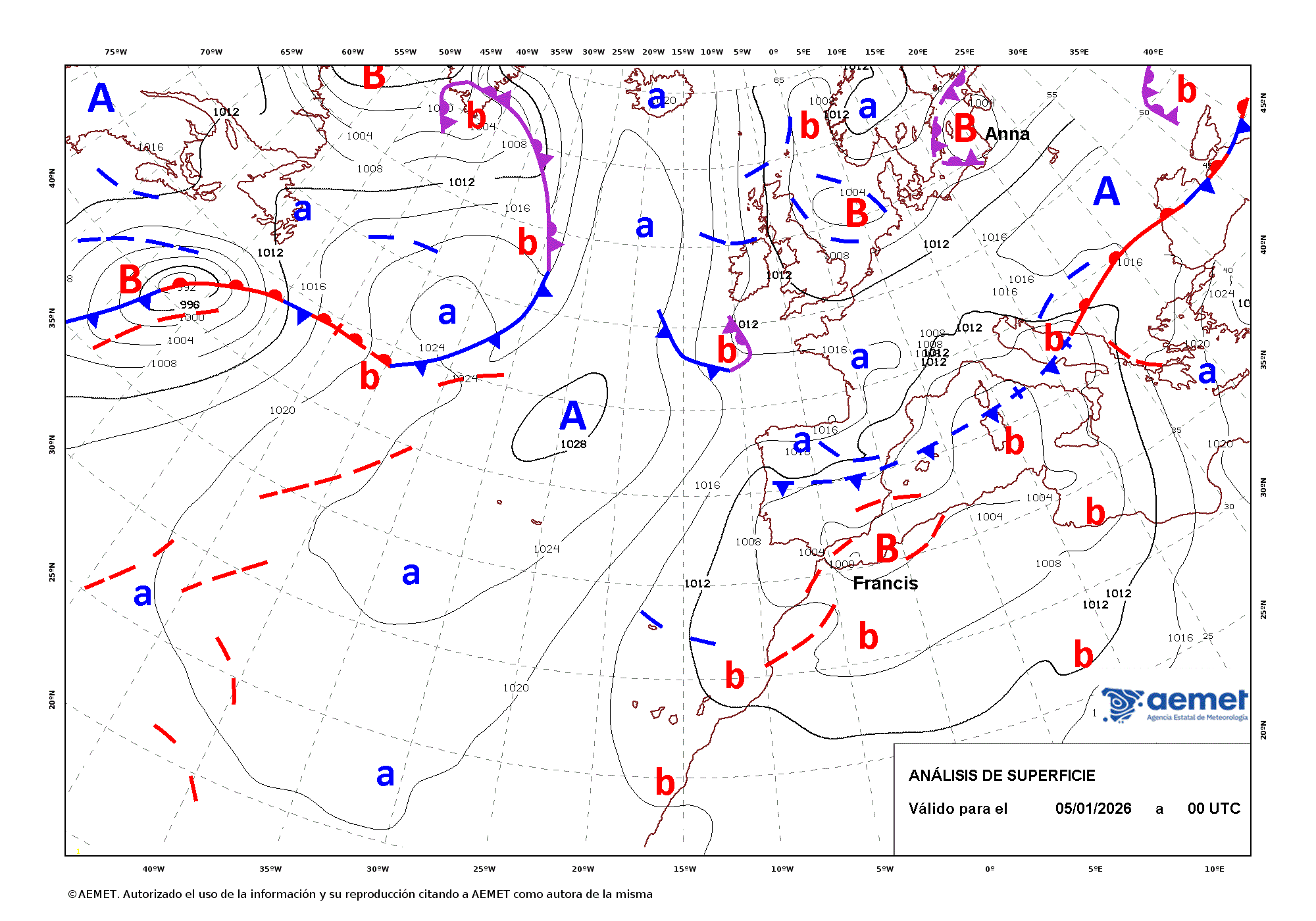 Imagenes del mapa de frentes&nbsp;dilluns, 5 de gener  2026 01:00