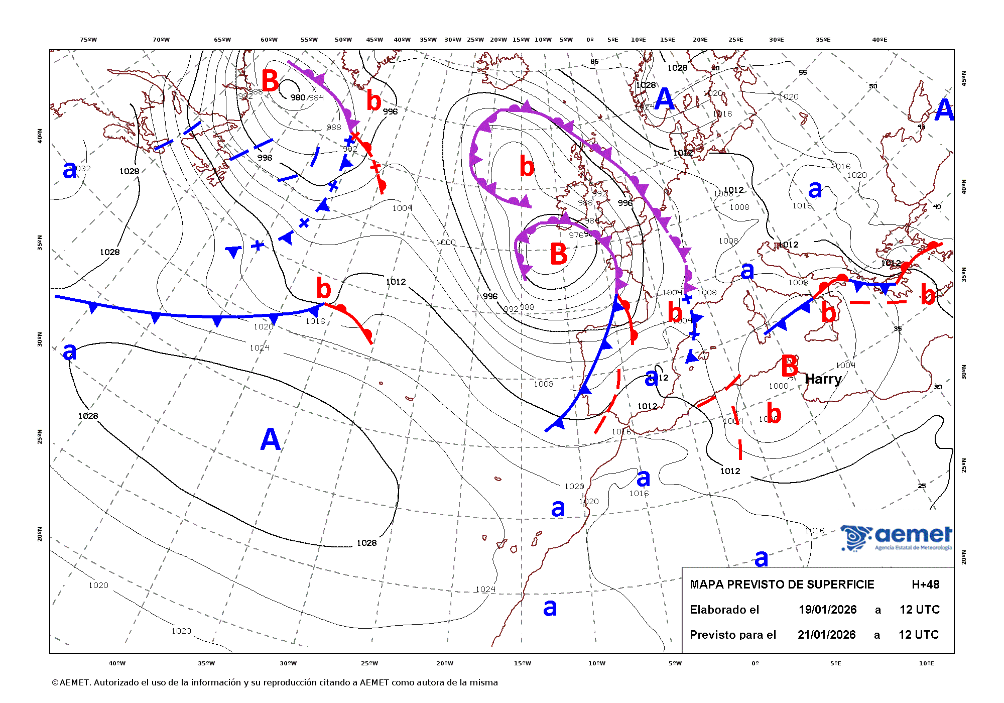 Imagenes del mapa de frentes&nbsp;Wednesday, 21 January  2026 13:00