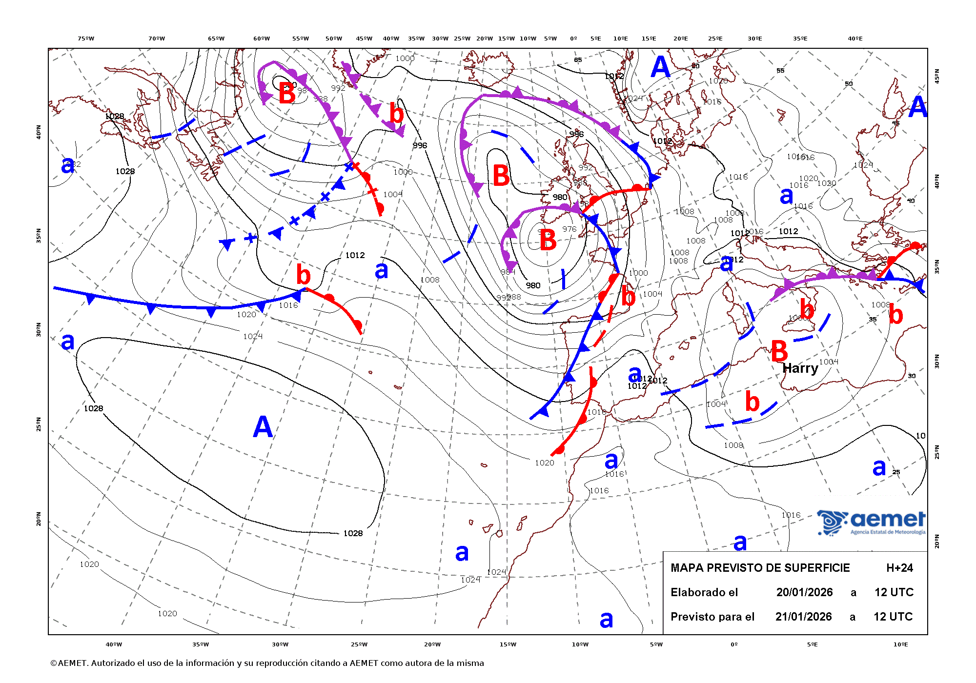 Imagenes del mapa de frentes&nbsp;m�rcores, 21 xaneiro  2026 13:00