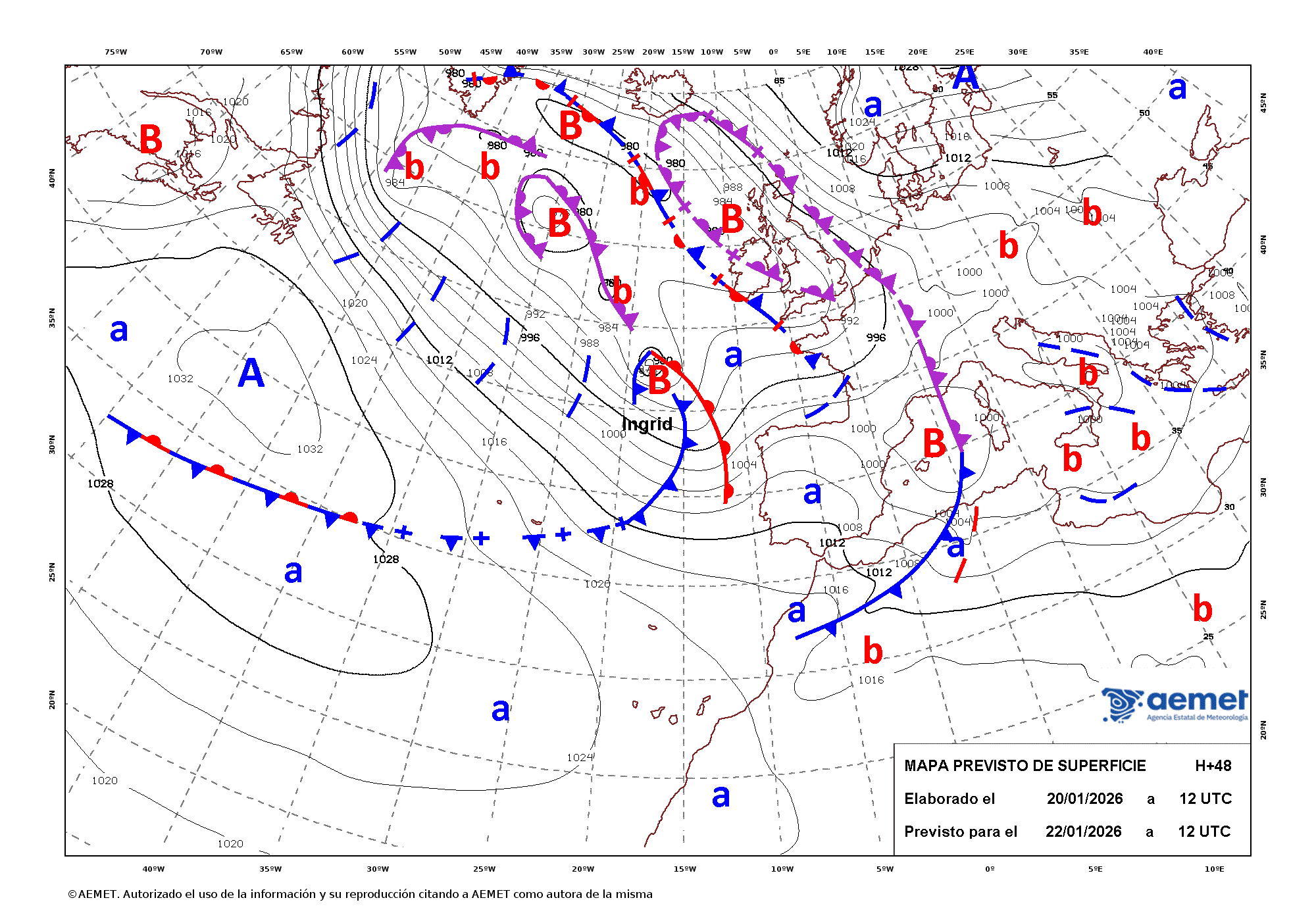 Imagenes del mapa de frentes&nbsp;osteguna, 2026ko urtarrilak 22, ordua: 13:00