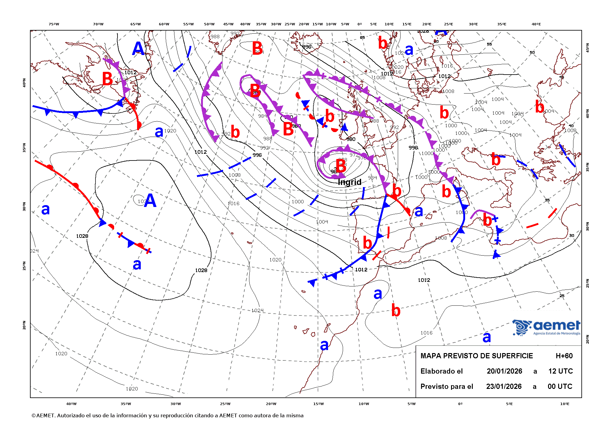 Imagenes del mapa de frentes&nbsp;ostirala, 2026ko urtarrilak 23, ordua: 01:00