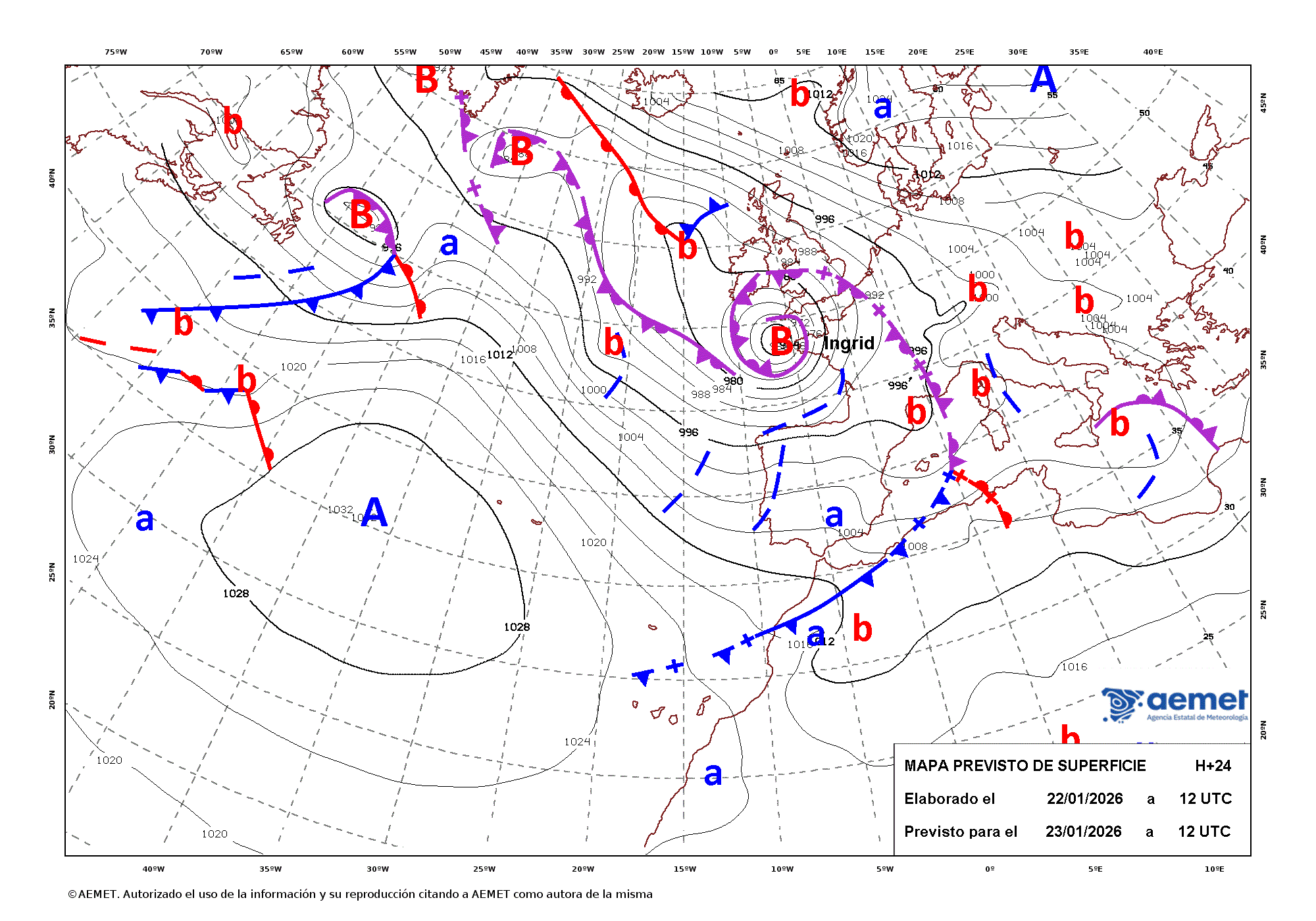 Imagenes del mapa con frentes&nbsp;viernes, 23 enero 2026 a las 13:00
