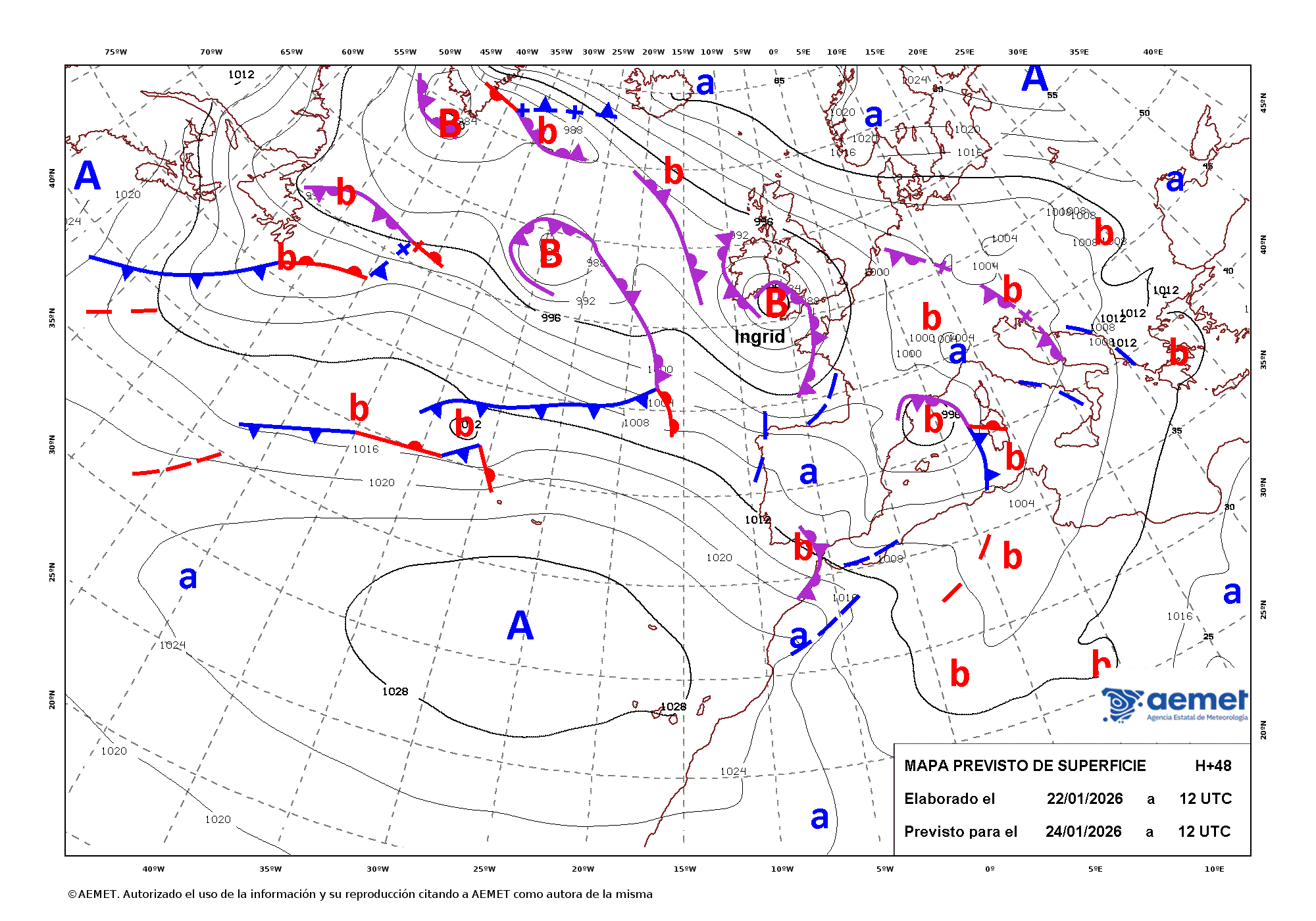 Imagenes del mapa con frentes&nbsp;s�bado, 24 enero 2026 a las 13:00