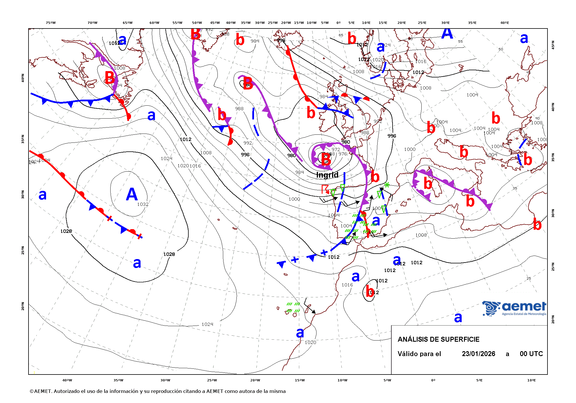 Imagenes del mapa con frentes&nbsp;viernes, 23 enero 2026 a las 01:00