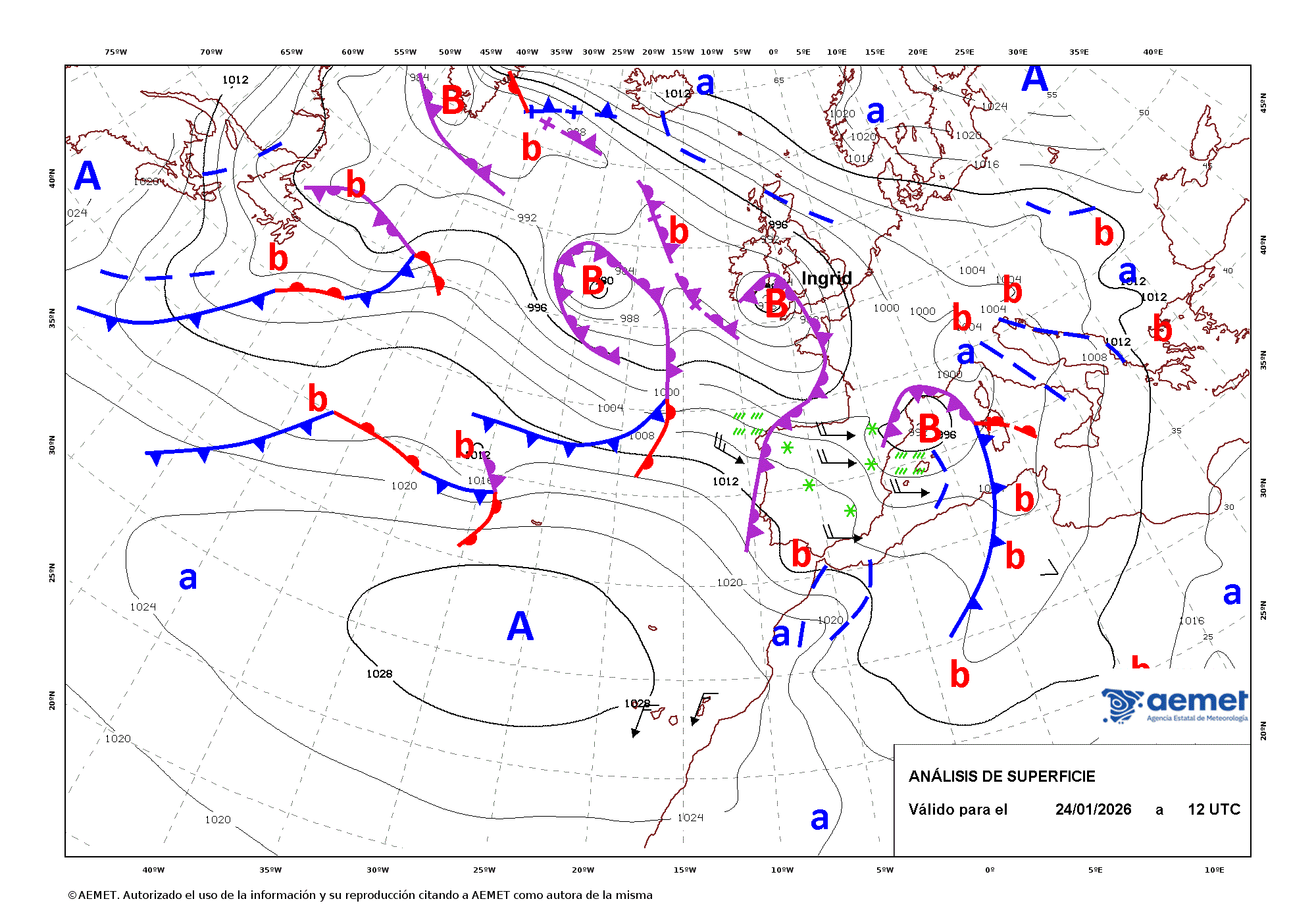 Imagenes del mapa de frentes&nbsp;dissabte, 24 de gener  2026 13:00