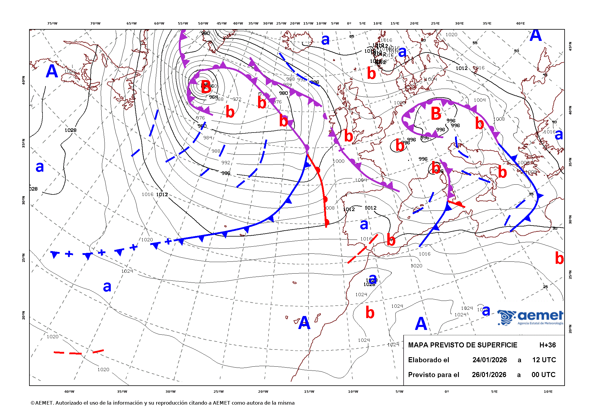 Imagenes del mapa de frentes&nbsp;dilluns, 26 de gener  2026 01:00