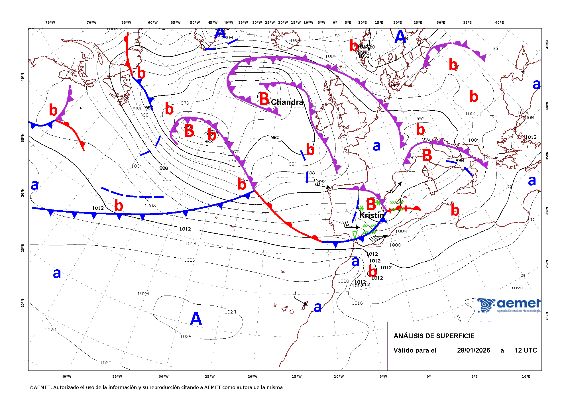 Imagenes del mapa de frentes&nbsp;dimecres, 28 de gener  2026 13:00