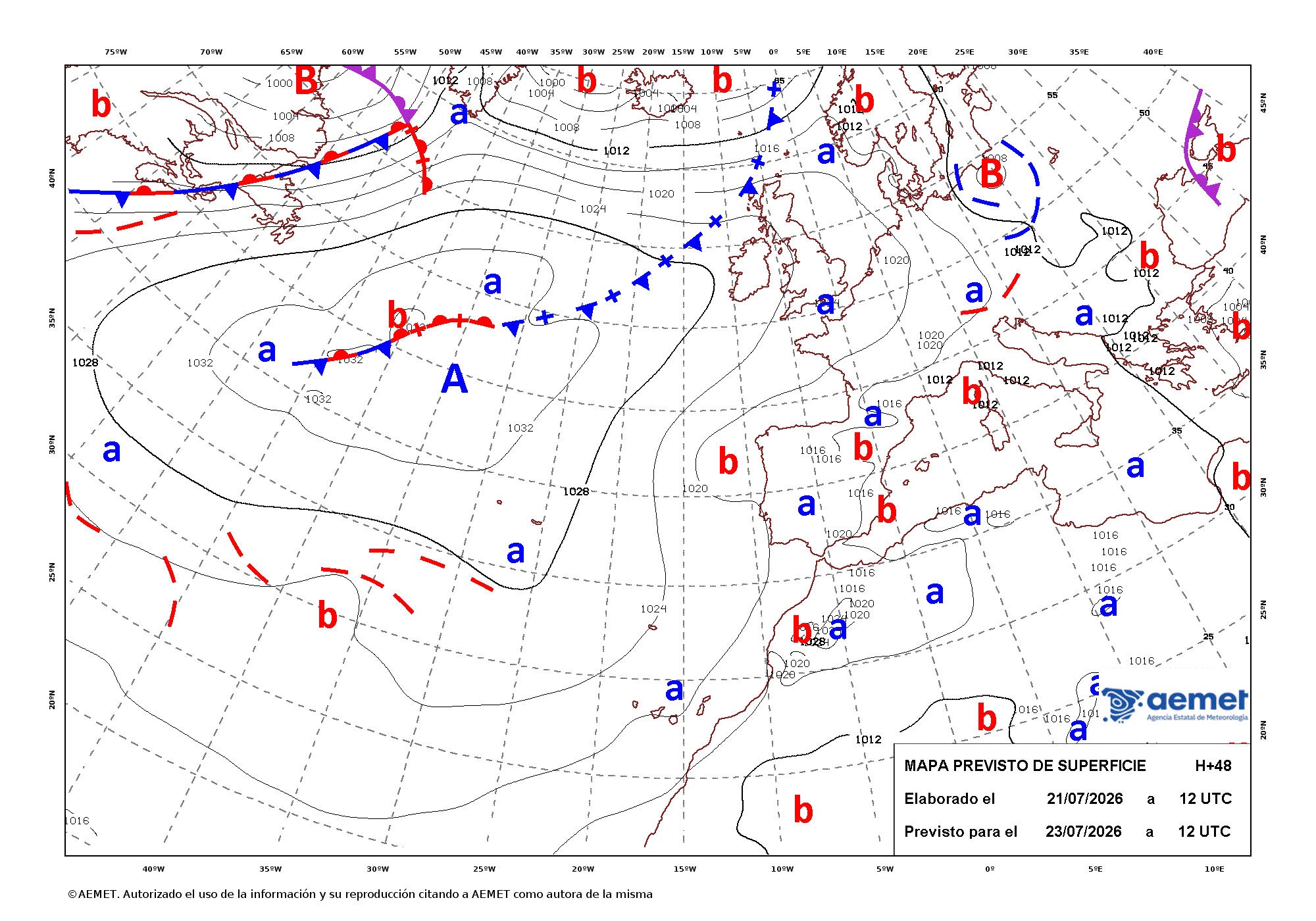 Imagenes del mapa con frentes&nbsp;jueves, 23 julio 2026 a las 14:00