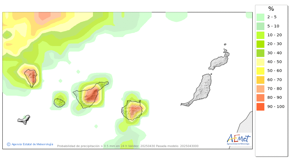 Rainfall probability  ≥ 0,5 mm. in Canary Islands