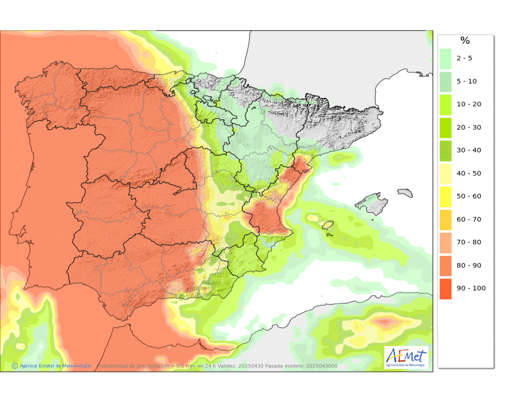 Rainfall probability  ≥ 0,5 mm. in Peninsular Spain and the Balearic Islands