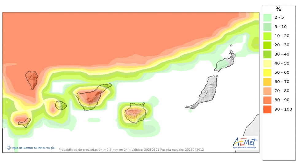 Probabilidade de precipitacin  ≥ 0,5 mm. en Canarias