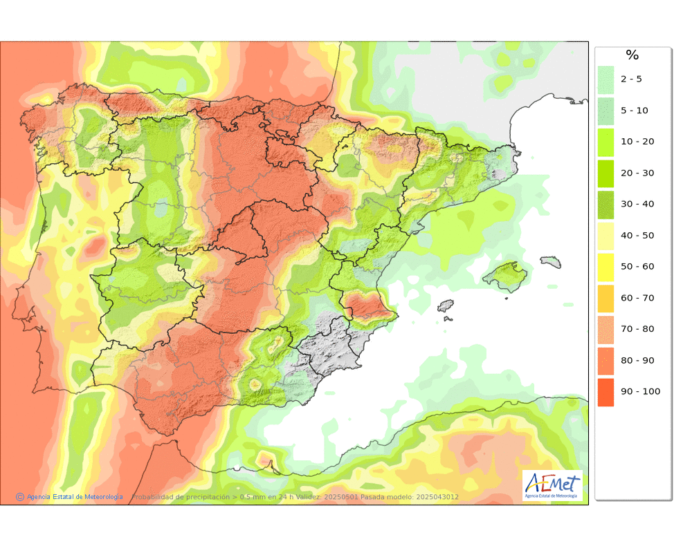 Probabilidade de precipitacin  ≥ 0,5 mm. en Pennsula e Baleares