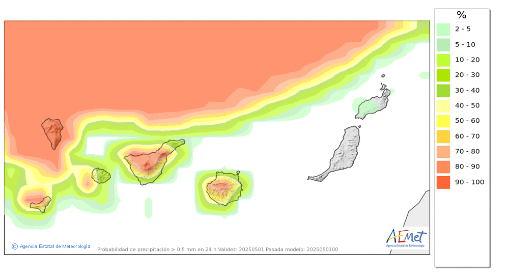 Probabilidad de precipitacin ≥ 0.5 mm en Canarias