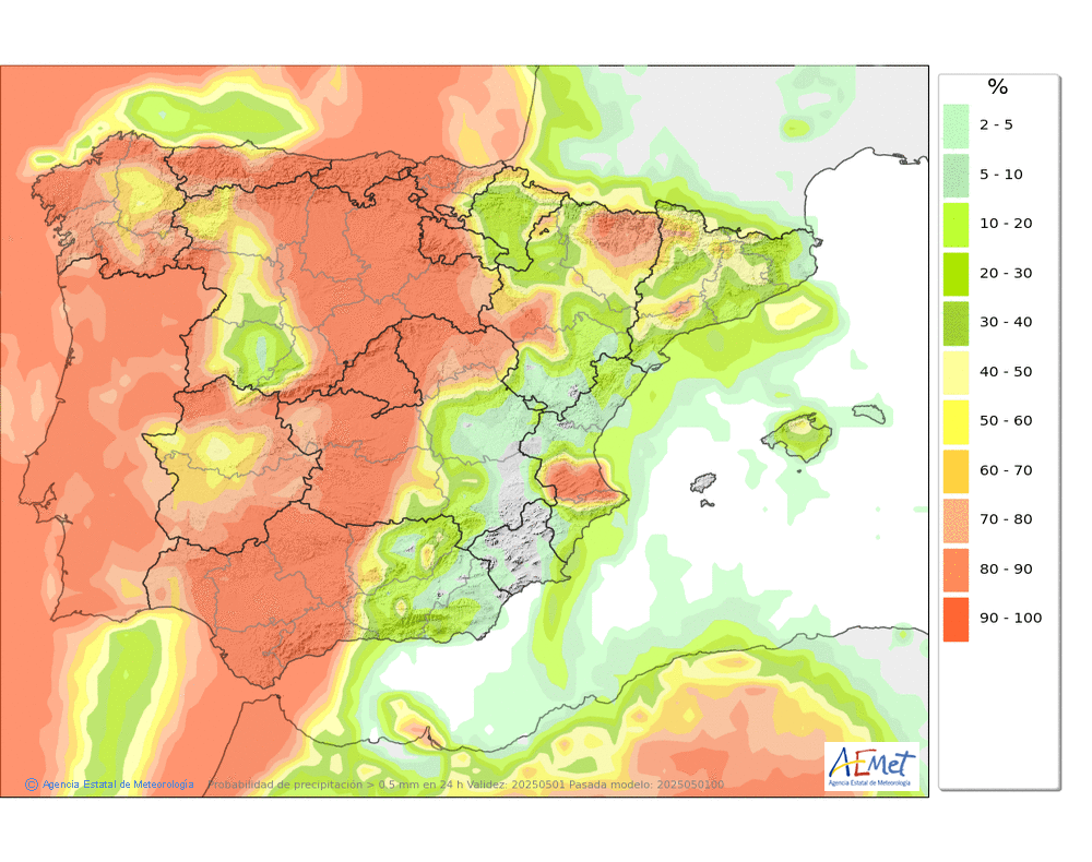 Probabilidad de precipitacin ≥ 0.5 mm en la Pennsula y Baleares