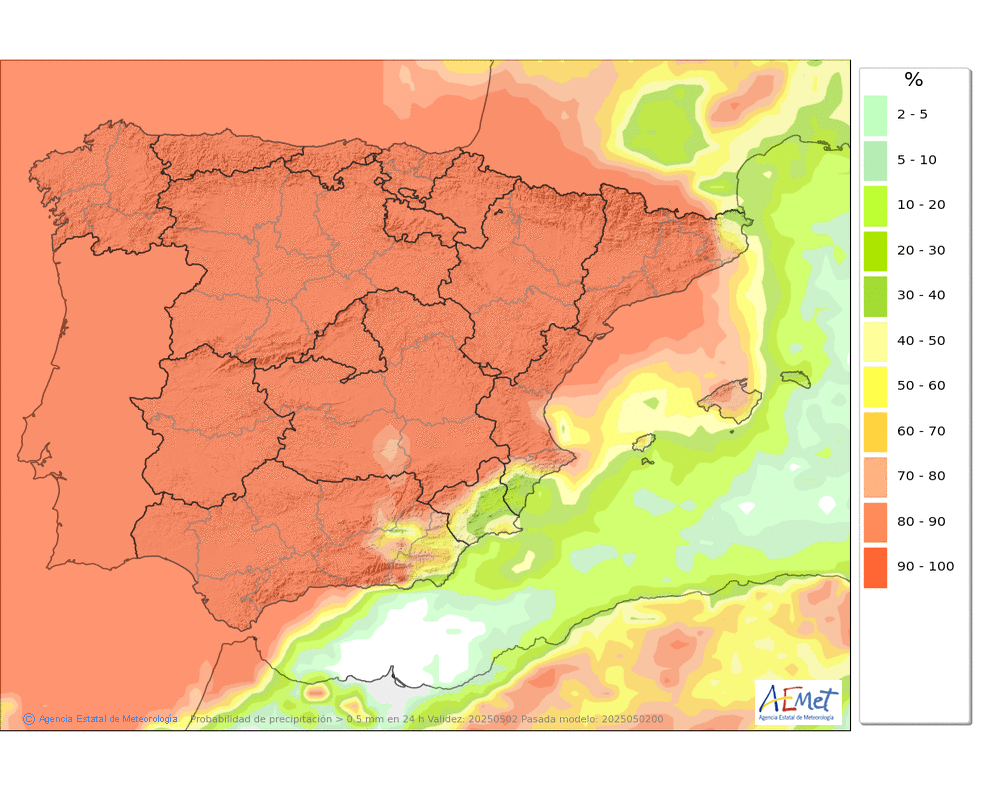 Probabilidad de precipitacin ≥ 0.5 mm en la Pennsula y Baleares