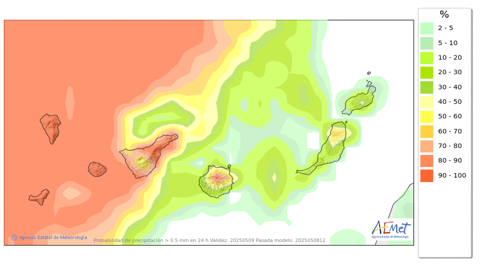 Probabilidad de precipitacin ≥ 0.5 mm en Canarias