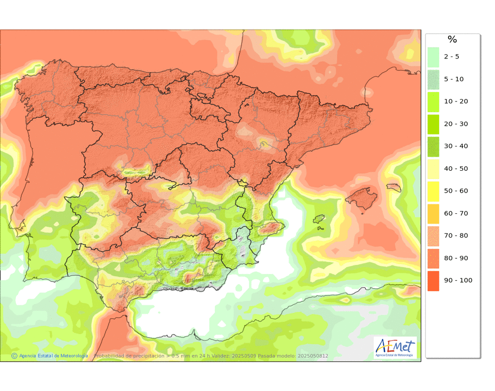 Probabilidad de precipitacin ≥ 0.5 mm en la Pennsula y Baleares
