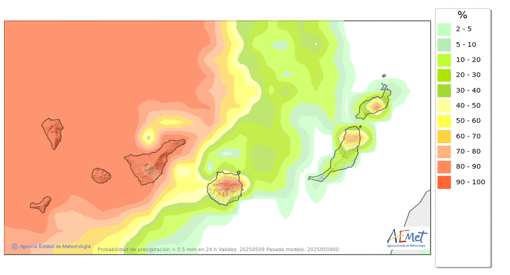 Probabilidad de precipitacin ≥ 0.5 mm en Canarias