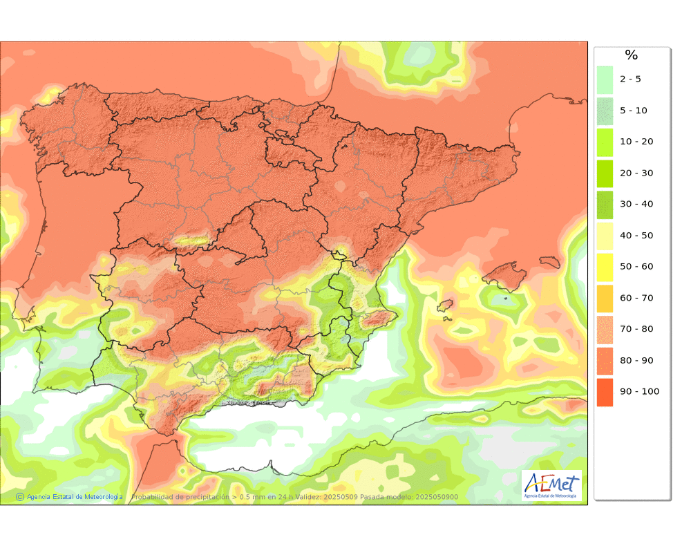 Probabilidad de precipitacin ≥ 0.5 mm en la Pennsula y Baleares