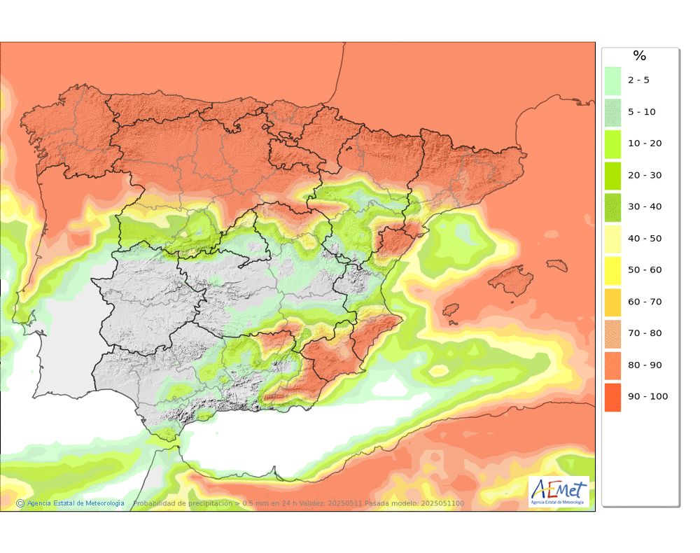 Rainfall probability  ≥ 0,5 mm. in Peninsular Spain and the Balearic Islands