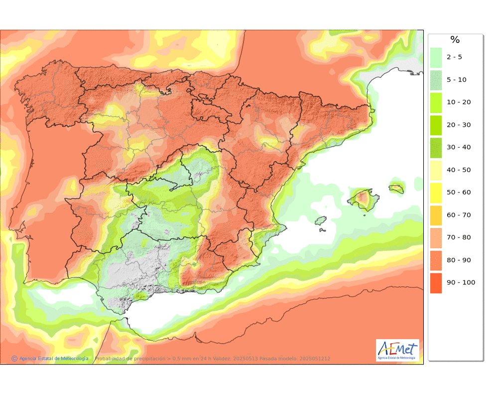Probabilidad de precipitacin ≥ 0.5 mm en la Pennsula y Baleares
