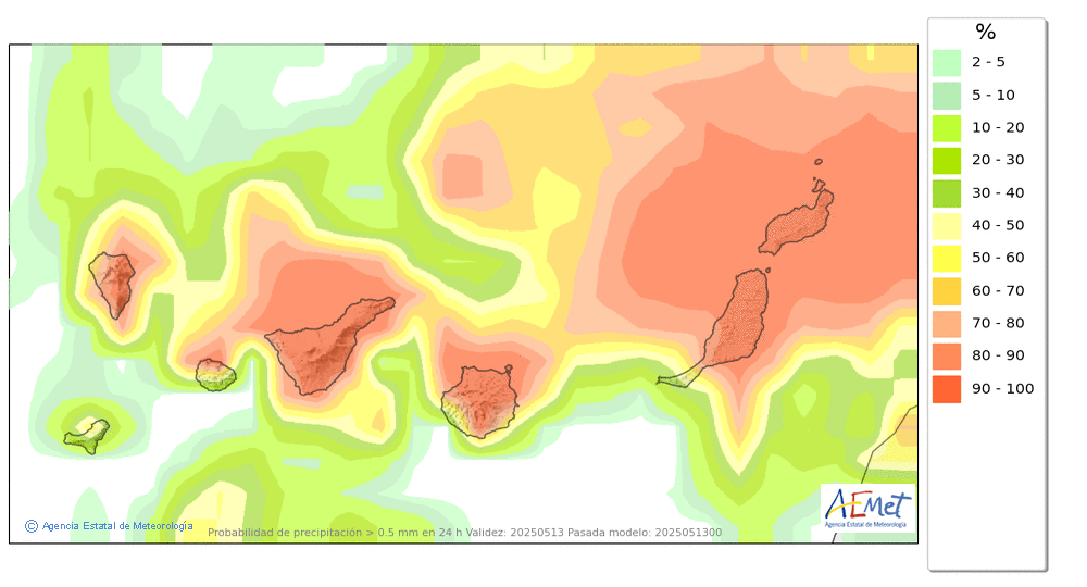 Probabilidad de precipitacin ≥ 0.5 mm en Canarias