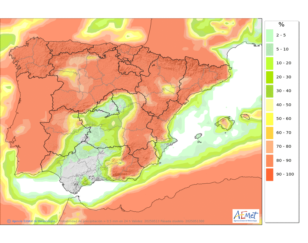 Probabilidad de precipitacin ≥ 0.5 mm en la Pennsula y Baleares