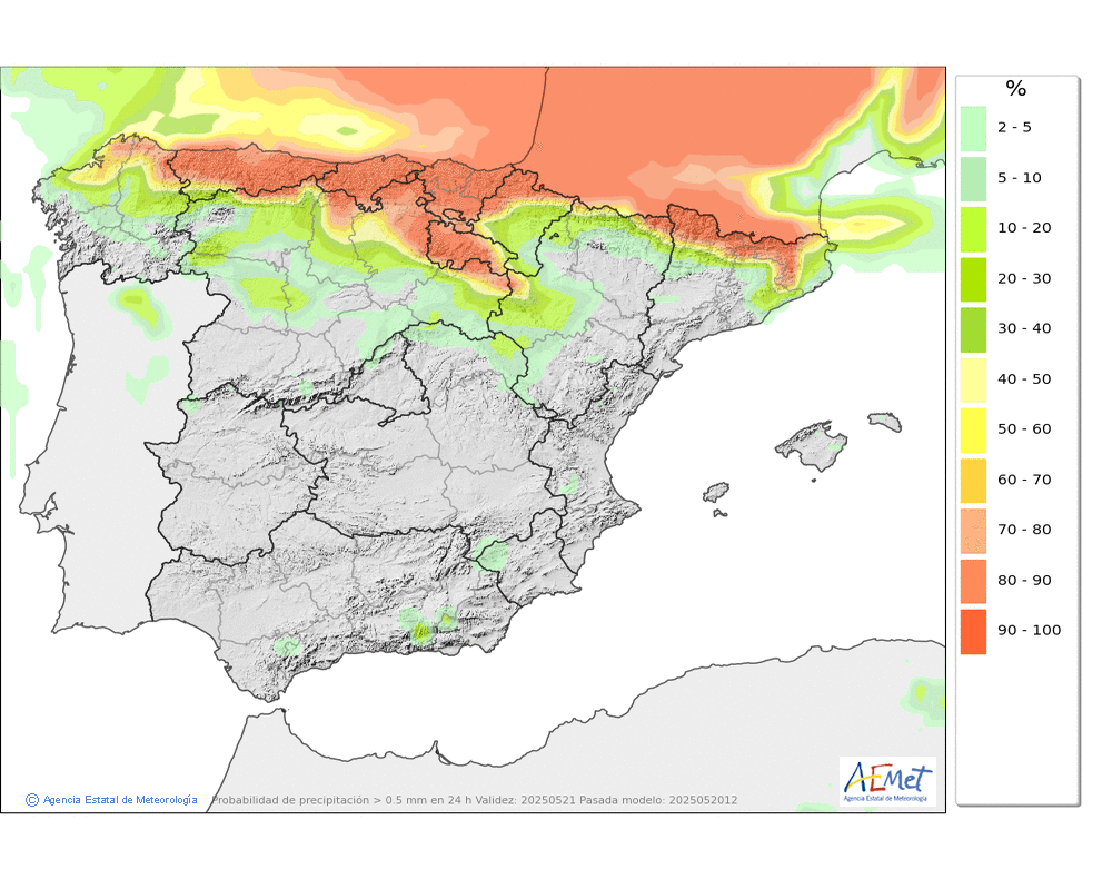 Probabilidade de precipitacin  ≥ 0,5 mm. en Pennsula e Baleares