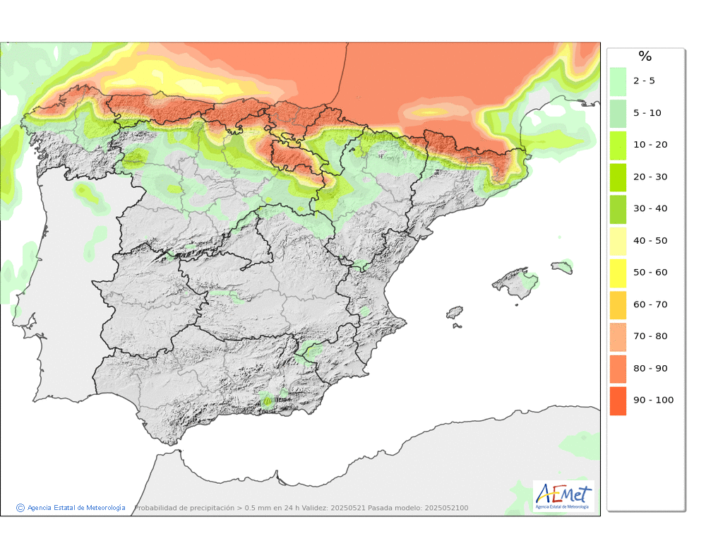 Prezipitazio-probabilitatea ≥ 0,5 mm. Penintsulan eta Balearretan
