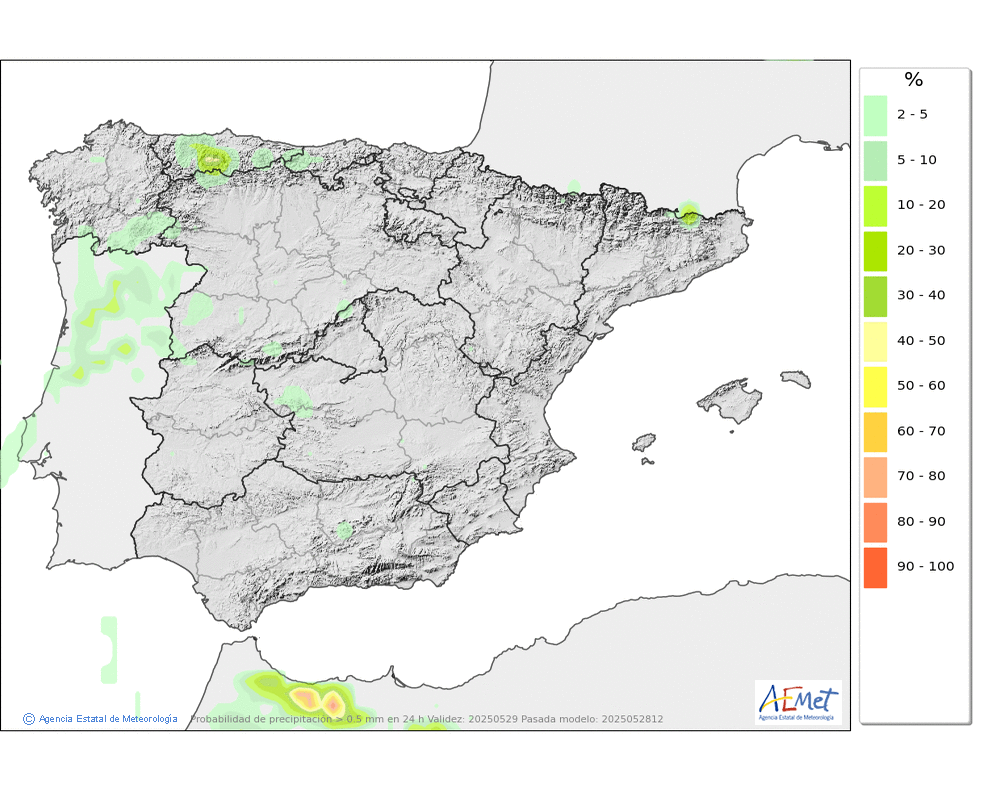 Rainfall probability  ≥ 0,5 mm. in Peninsular Spain and the Balearic Islands