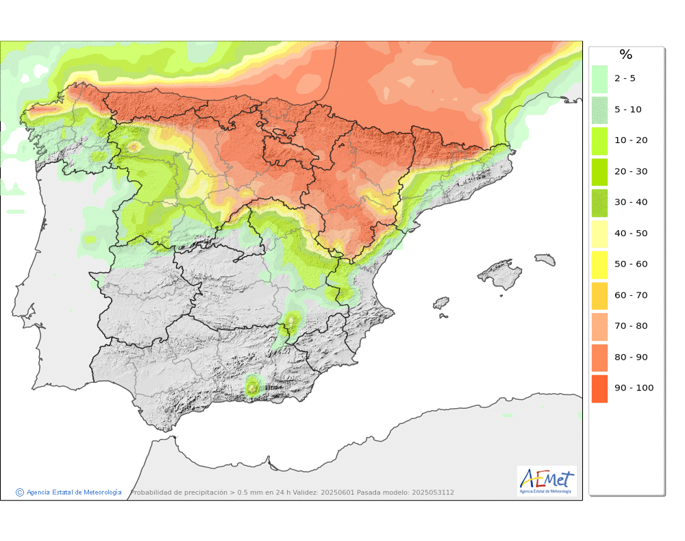 Probabilidad de precipitacin ≥ 0.5 mm en la Pennsula y Baleares