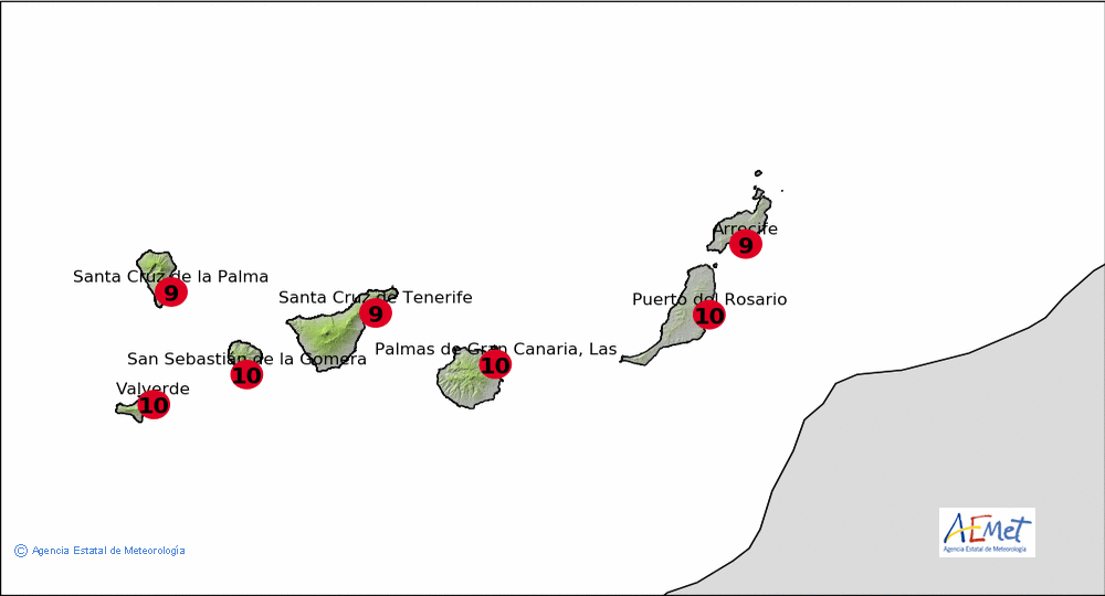 Canarias: Prediccin de ndice de radiacin UV mximo en condiciones de cielo despejado para el da 5 Mayo