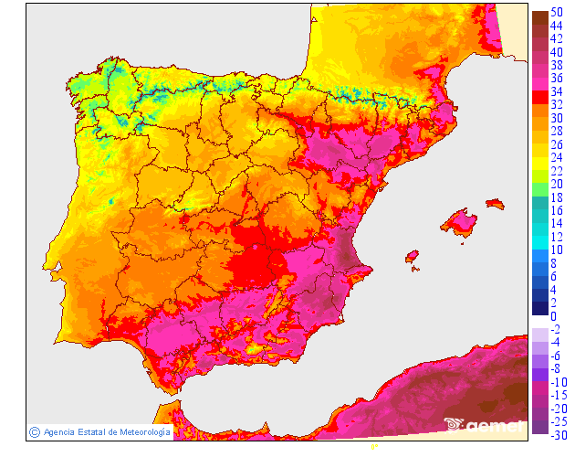 Maximum temperatures for tomorrow in the Peninsula and Balearic Islands