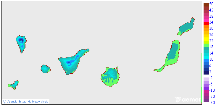 Minimum temperatures for today in the Canary Islands