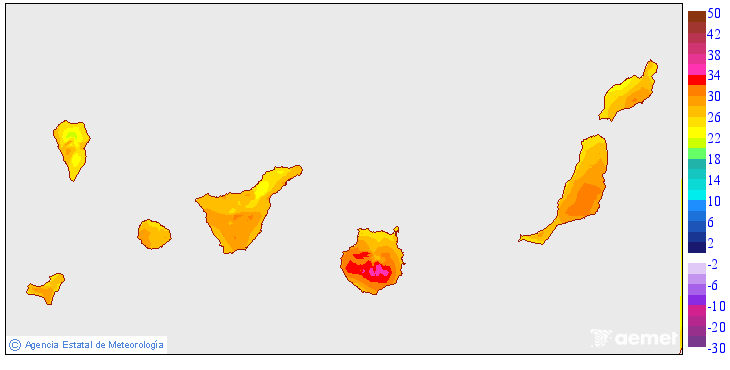 Maximum temperatures for the day after tomorrow in the Canary Islands
