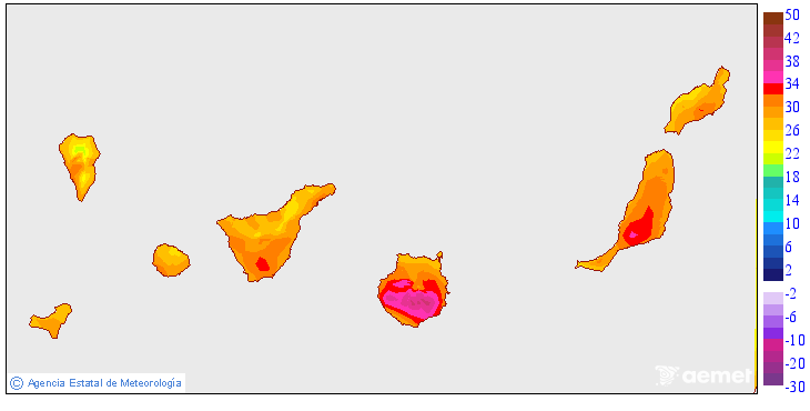 Maximum temperatures for tomorrow in the Canary Islands