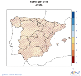 Peninsula and Balearic Islands. Clouds amount: Annual. Scenario of emisions (A1B) RCP 8.5. Incertidumbre
