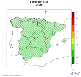 La Pennsula i les Balears. Temperatura mxima: Anual. Escenari d'emissions mitj (A1B) RCP 8.5. Incertidumbre