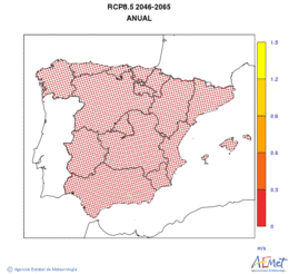 Peninsula and Balearic Islands. Racha mxima diaria a 10m: Annual. Scenario of emisions (A1B) RCP 8.5. Incertidumbre