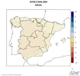 Peninsula and Balearic Islands. Clouds amount: Annual. Scenario of emisions (A1B) RCP 8.5. Valor medio