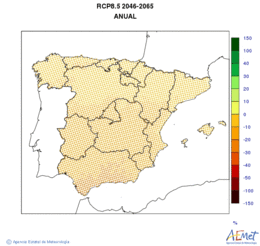 La Pennsula i les Balears. Precipitaci: Anual. Escenari d'emissions mitj (A1B) RCP 8.5. Valor medio