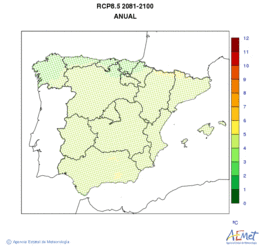 La Pennsula i les Balears. Temperatura mnima: Anual. Escenari d'emissions mitj (A1B) RCP 8.5. Valor medio