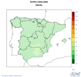 Peninsula and Balearic Islands. Maximum temperature: Annual. Scenario of emisions (A1B) RCP 8.5. Valor medio