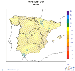 Peninsula and Balearic Islands. Racha mxima diaria a 10m: Annual. Scenario of emisions (A1B) RCP 8.5. Valor medio