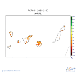 Canarias. Precipitation: Annual. Scenario of emisions (A1B) RCP 8.5. Valor medio