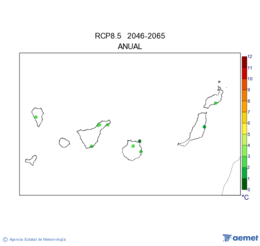 Canarias. Temperatura mxima: Anual. Escenario de emisins medio (A1B) RCP 8.5. Valor medio