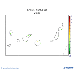 Canarias. Gehieneko tenperatura: Urtekoa. Igorpen-agertoki baterako (A1B) RCP 8.5. Valor medio