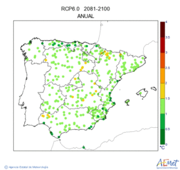 Peninsula y Baleares. Temperatura mxima: Anual. Escenario: RCP 6.0. Incertidumbre