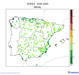 Pninsule et Balares. Temprature maximale: Annuel. Scnario d?missions moyen (A1B) RCP 8.5. Incertidumbre