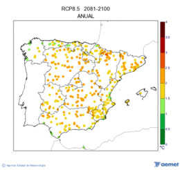 Peninsula y Baleares. Temperatura mxima: Anual. Escenario: RCP 8.5. Incertidumbre